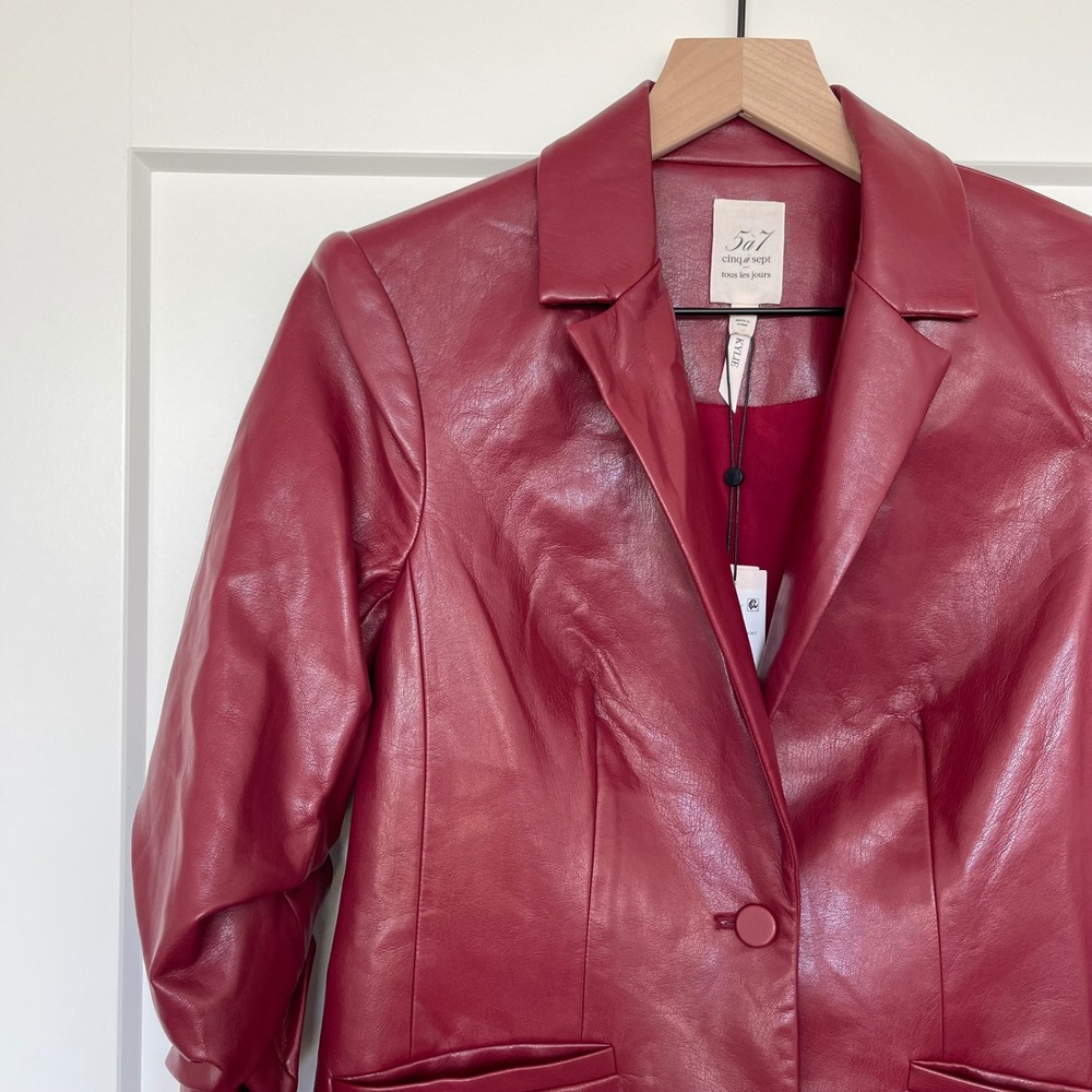 NWT Cinq a Sept Kylie Vegan Leather Jacket Sz 0 Rhubarb Red Ruched Sleeve Blazer - Picture 7 of 16